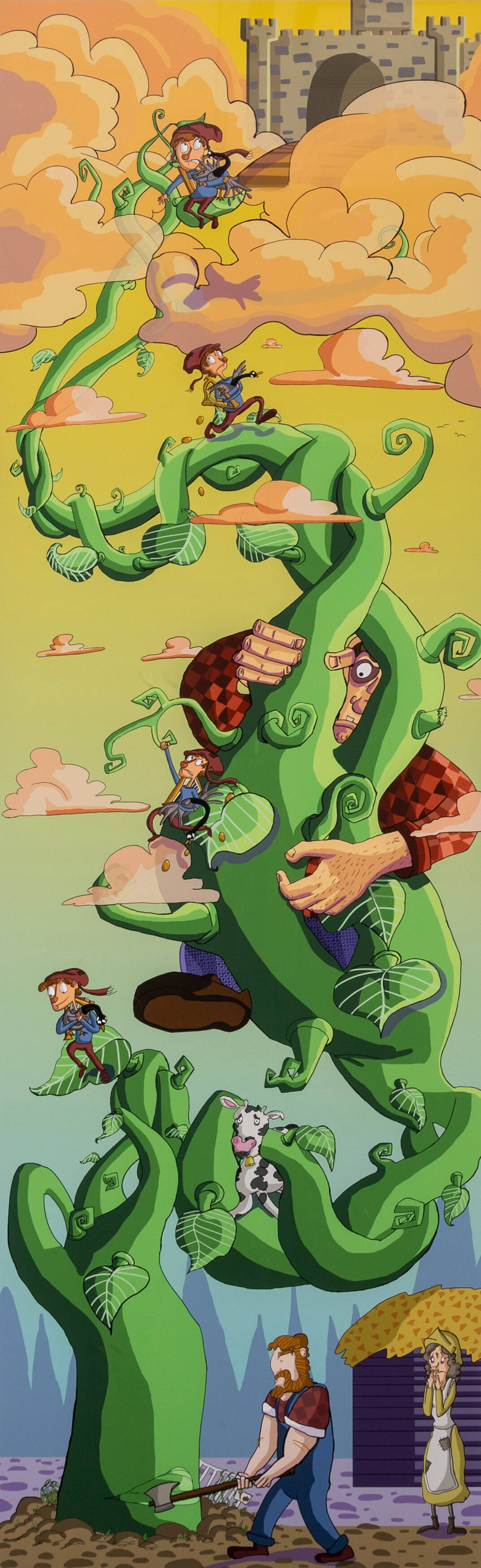 Colorful digital illustration that tells the story of Jack and the Beanstalk.